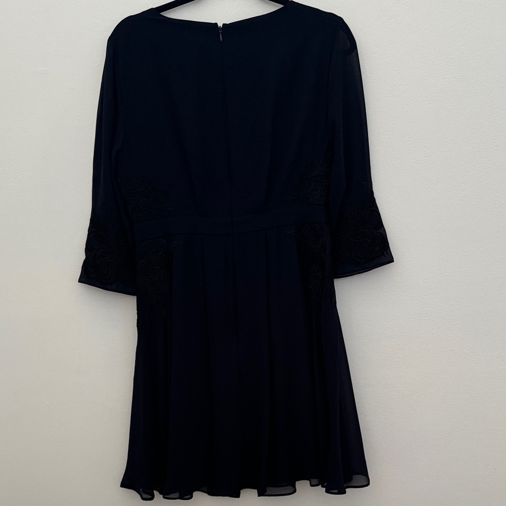 Ted Baker Navy Blue Sleeved Chiffon Dress with Black Embroidery Detail - Picture 5 of 7